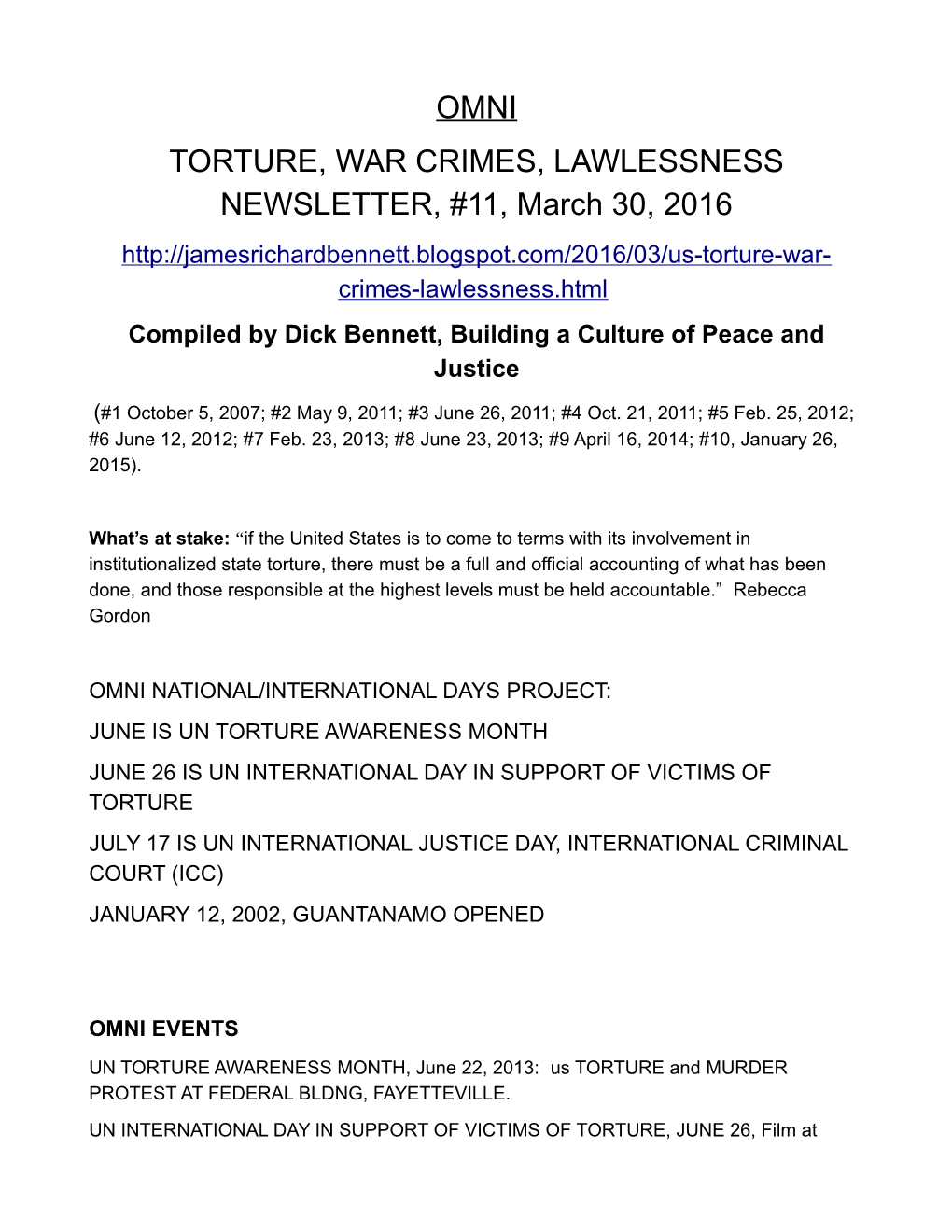 March 30, 2016, Torture, War Crimes, Lawlessness Newsletter