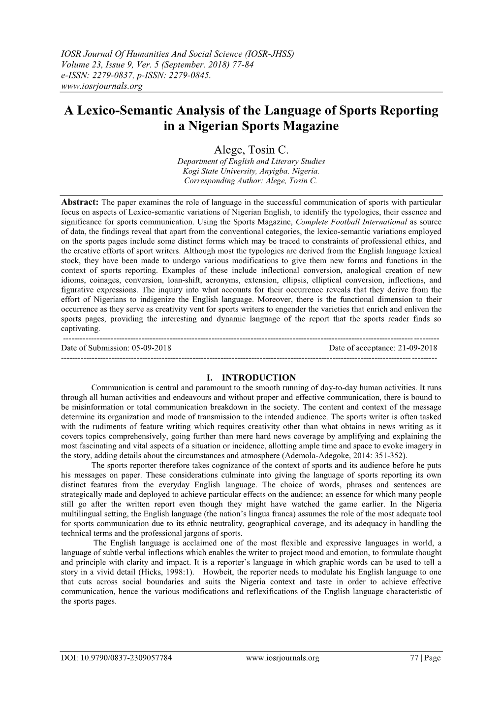A Lexico-Semantic Analysis of the Language of Sports Reporting in a Nigerian Sports Magazine