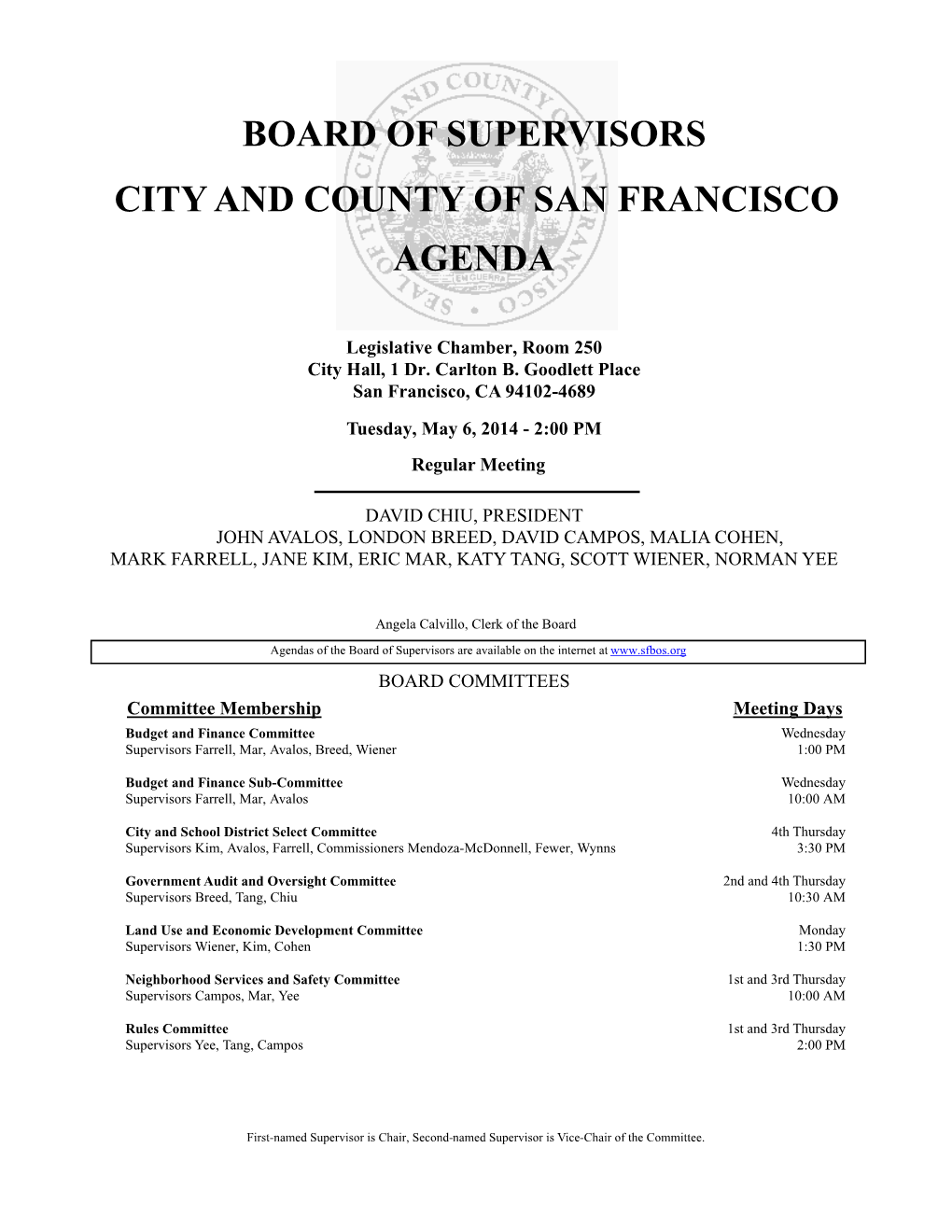 Board of Supervisors City and County of San Francisco Agenda