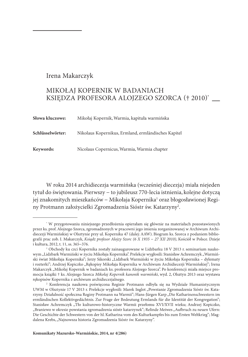 Irena Makarczyk MIKOŁAJ KOPERNIK W BADANIACH KSIĘDZA