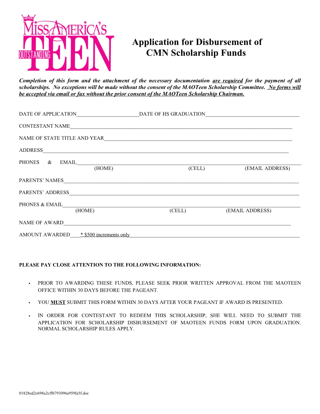 2013 Maoteen - State Application for Disbursement of CMNH Funds