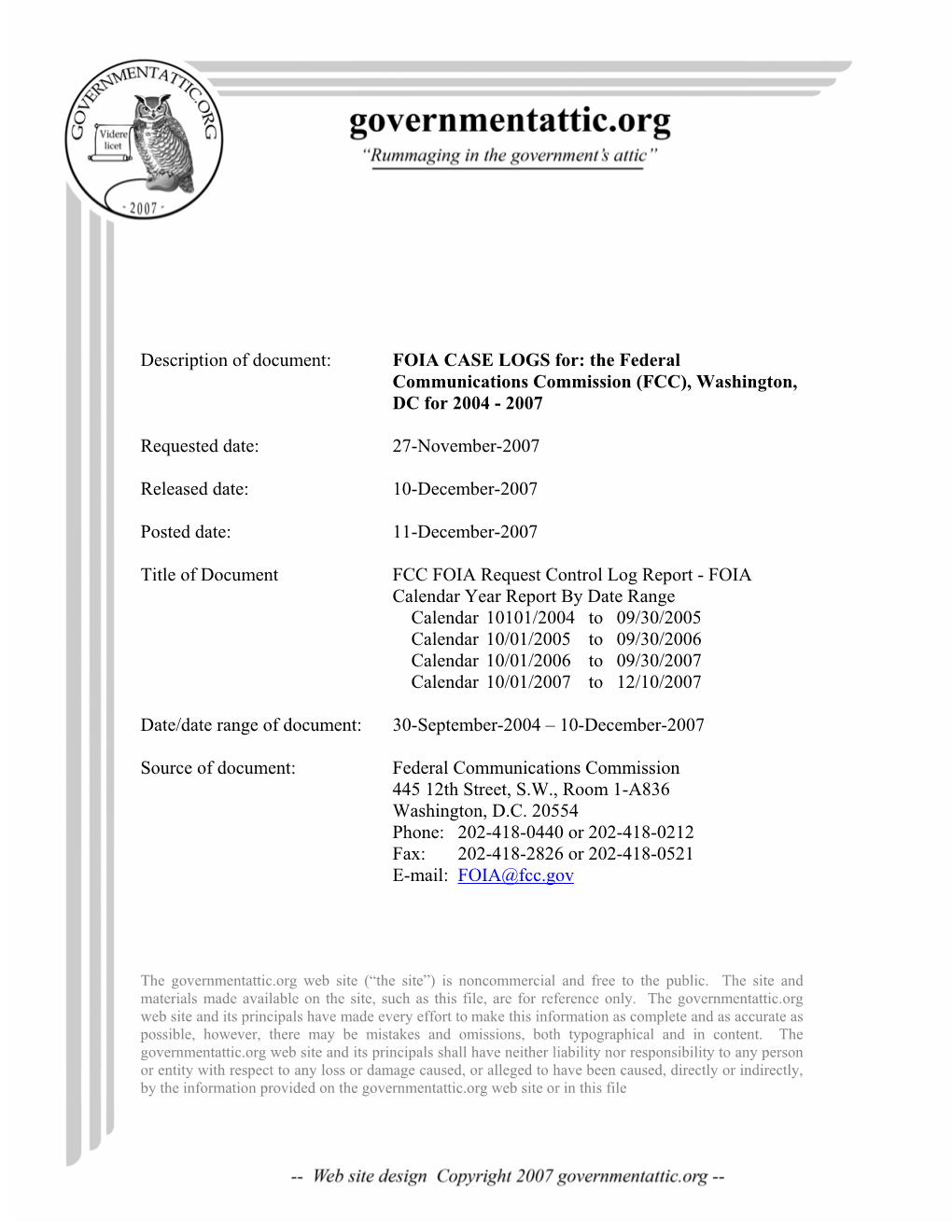 FOIA Logs for Federal Communications Commission (FCC)