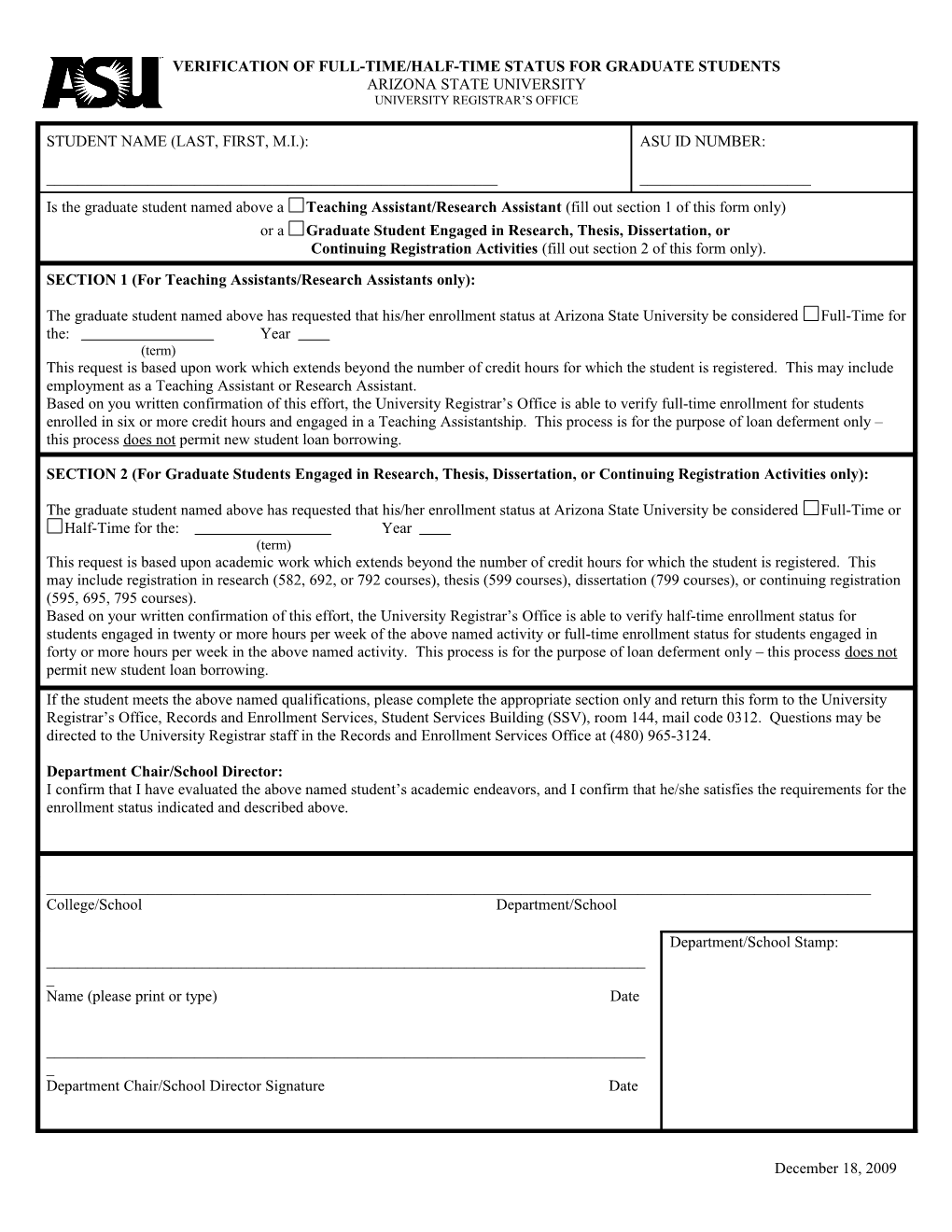 Verification of Full-Time/Half-Time Status for Graduate Students