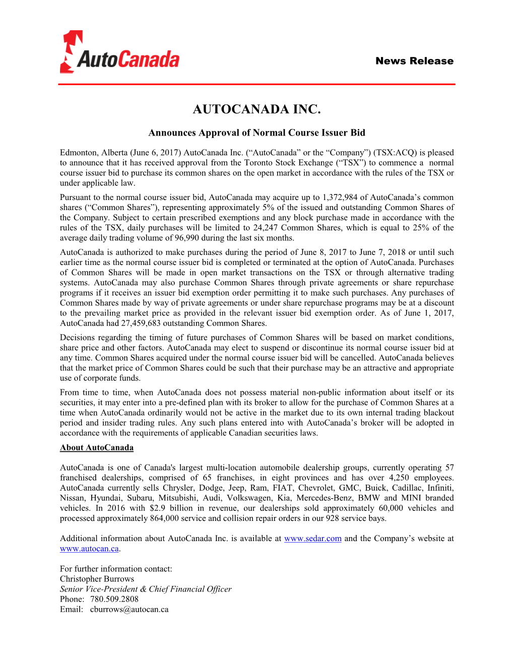 Autocanada Inc. Announces Approval Of
