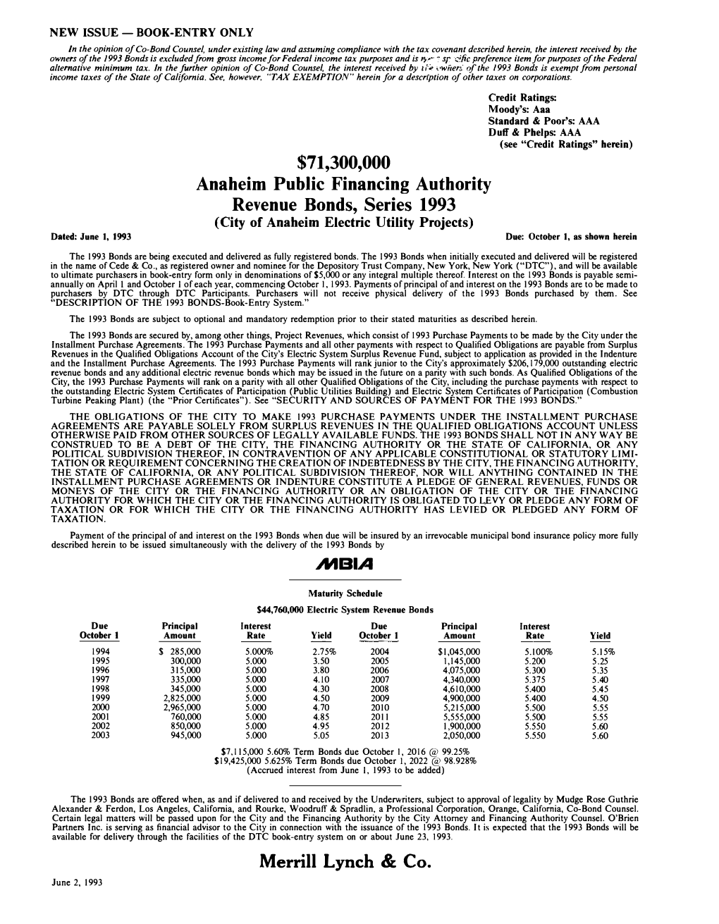 $71,300,000 Anaheim Public Financing Authority Revenue