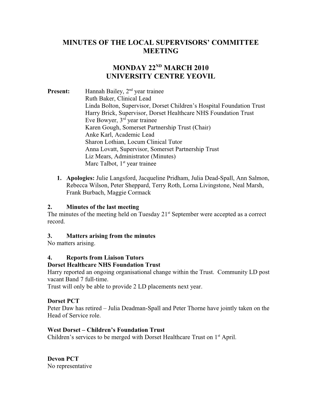 Minutes of the Local Supervisors Committee Meeting