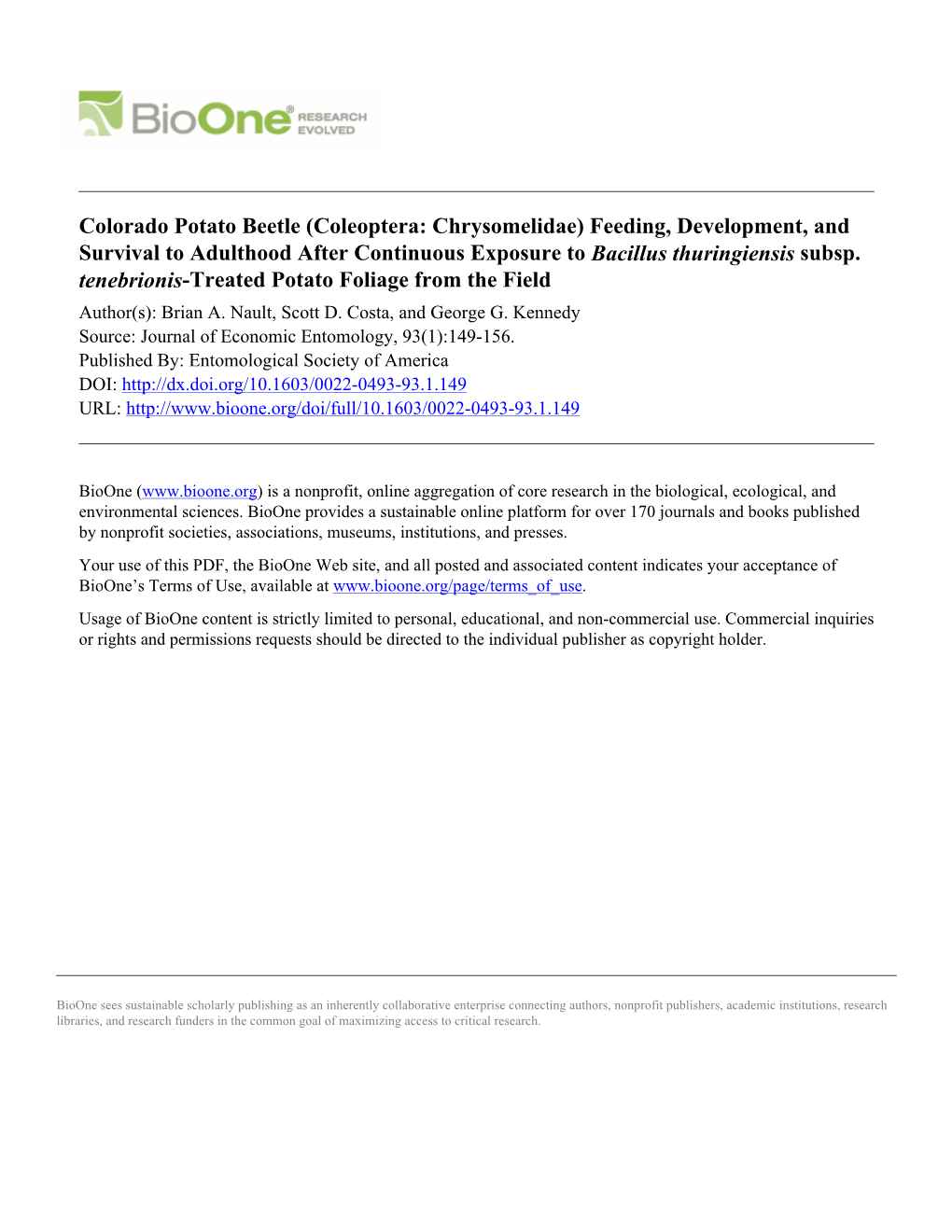 Colorado Potato Beetle (Coleoptera: Chrysomelidae) Feeding, Development, and Survival to Adulthood After Continuous Exposure to Bacillus Thuringiensis Subsp