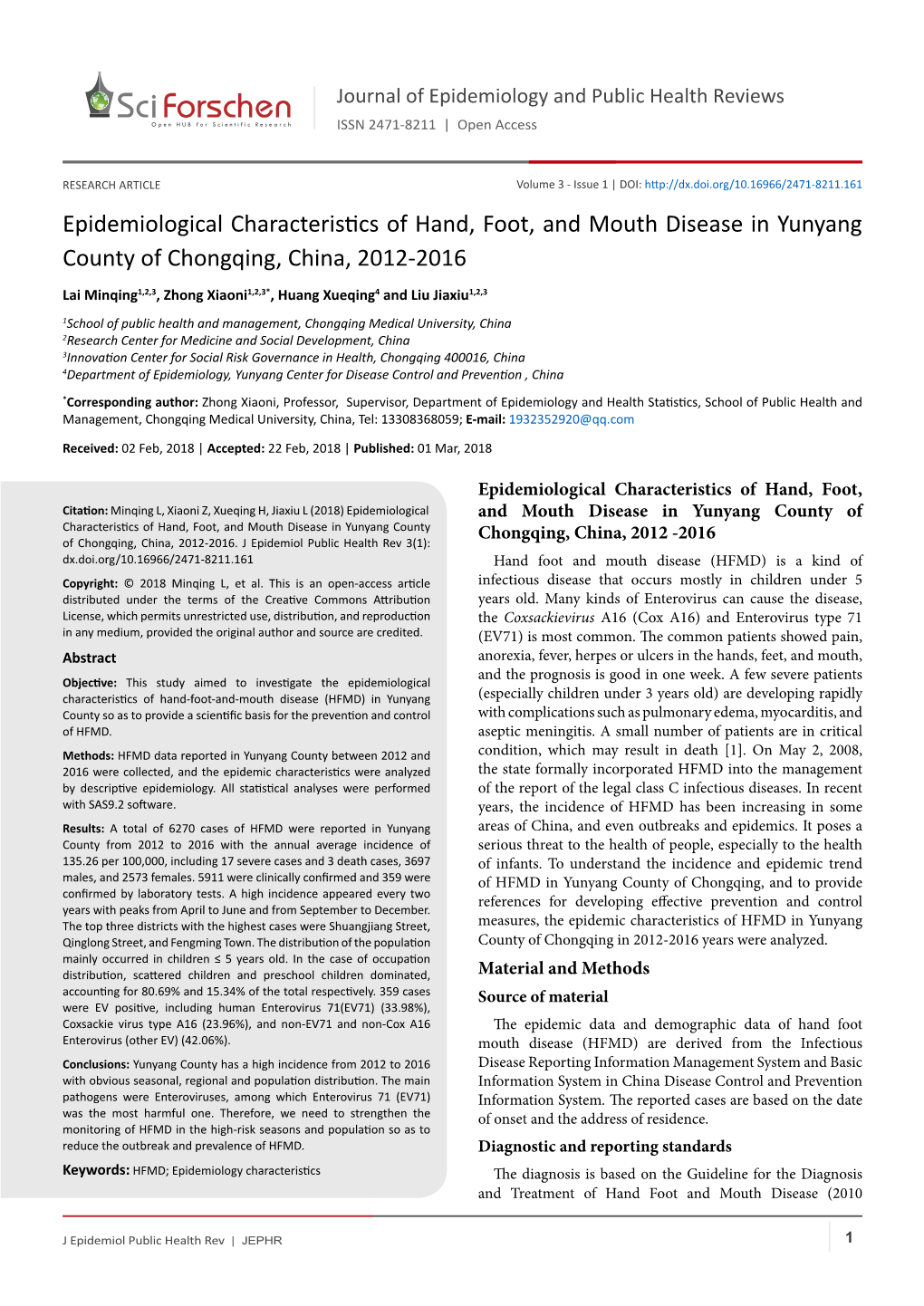 Epidemiological Characteristics of Hand, Foot, and Mouth Disease in Yunyang County of Chongqing, China, 2012-2016