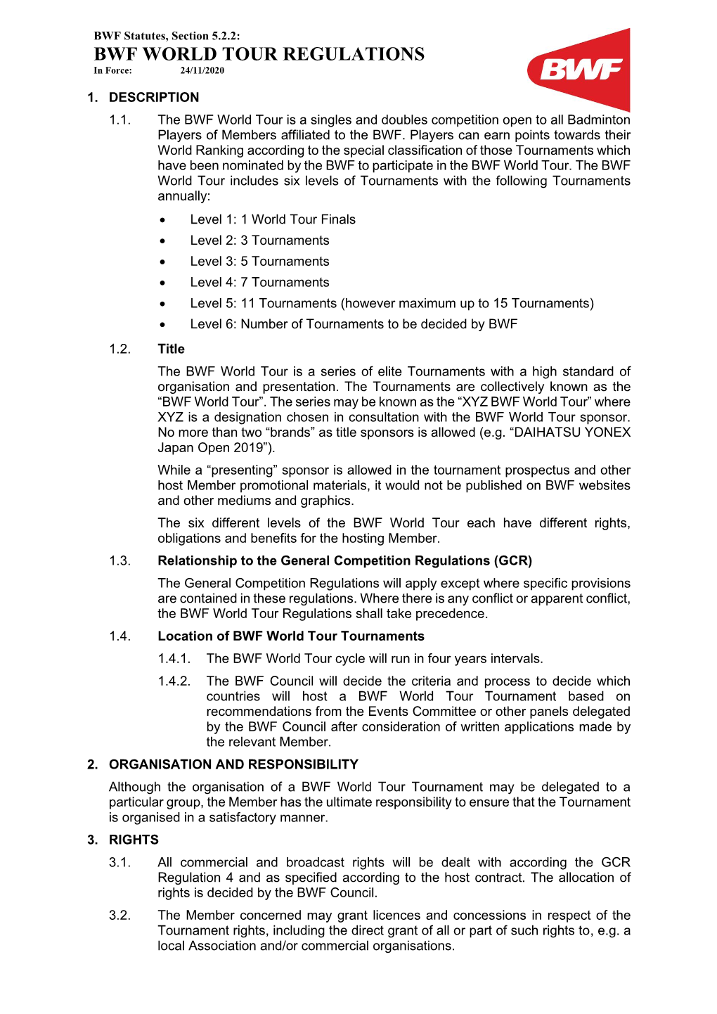 BWF WORLD TOUR REGULATIONS in Force: 24/11/2020