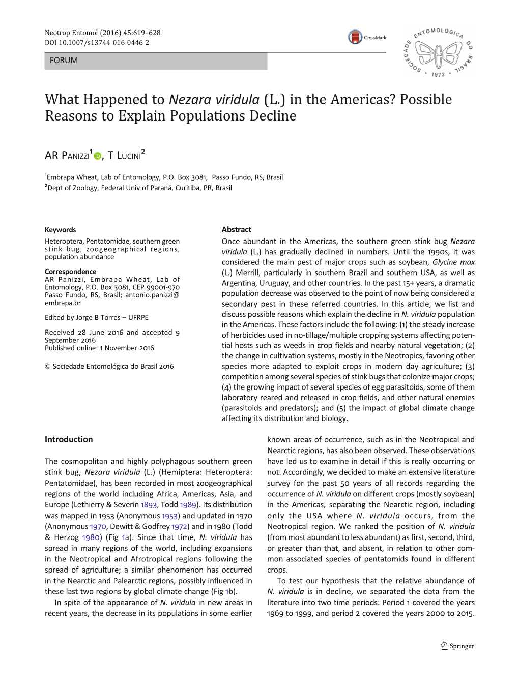 What Happened to Nezara Viridula (L.) in the Americas? Possible Reasons to Explain Populations Decline