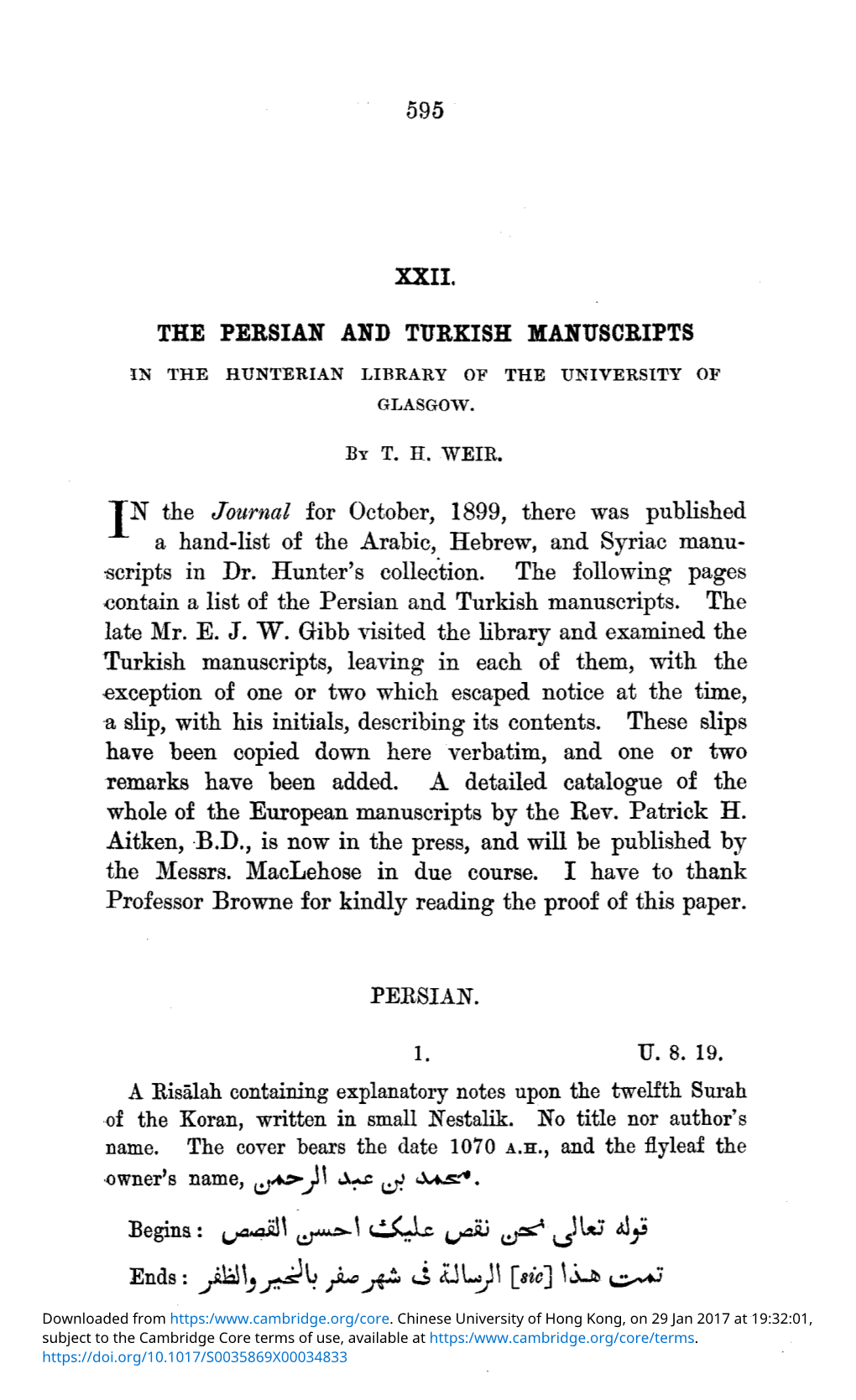 XXII. the Persian and Turkish Manuscripts in the Hunterian