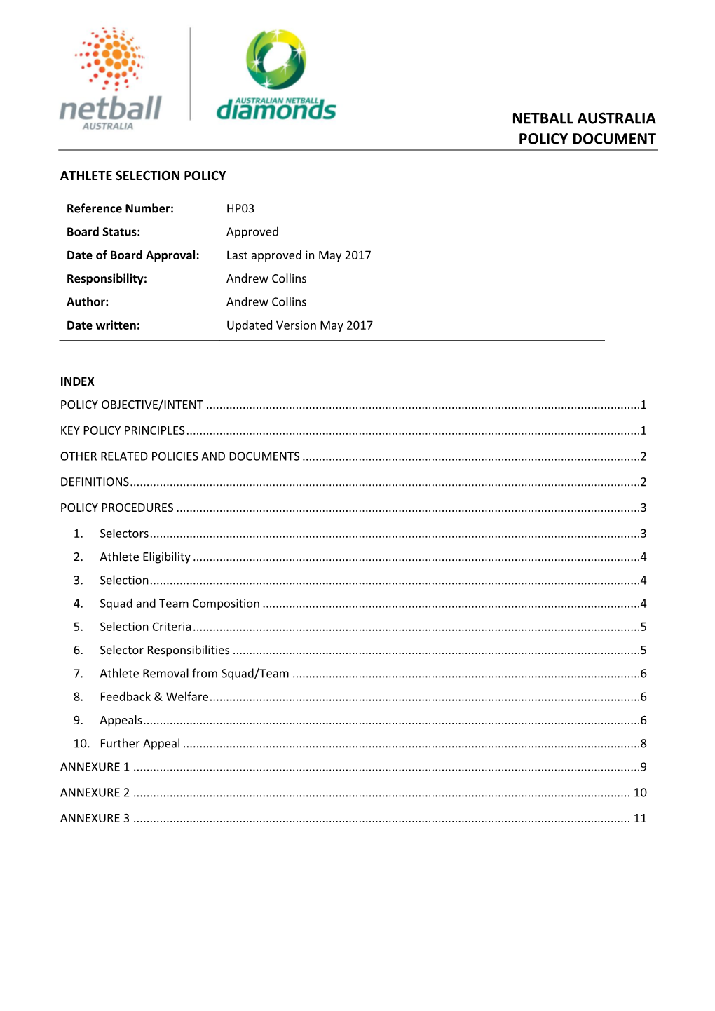 Netball Australia Policy Document