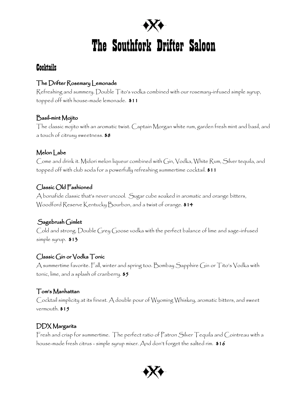 The Southfork Drifter Saloon Cocktails