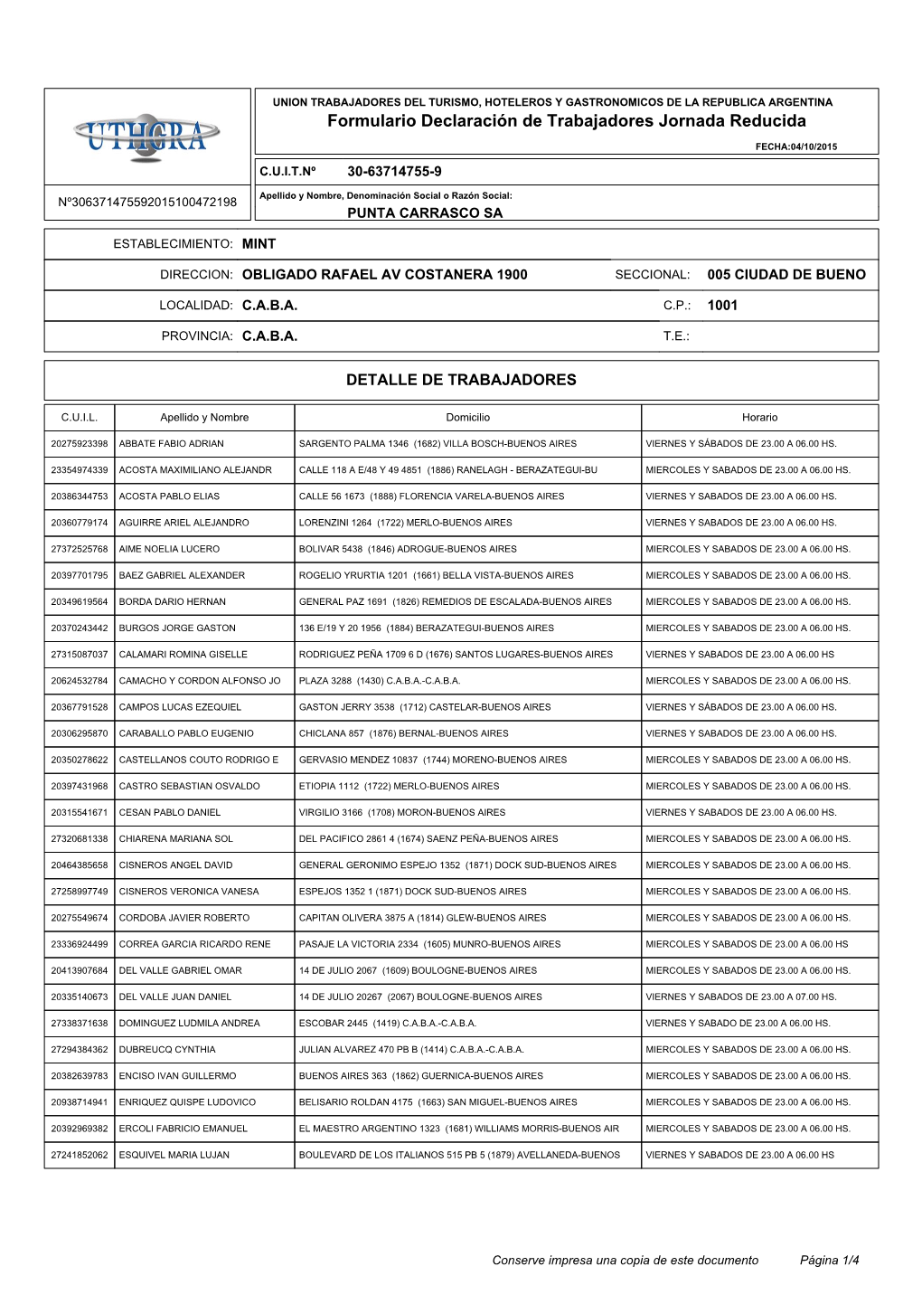 Formulario Declaración De Trabajadores Jornada Reducida