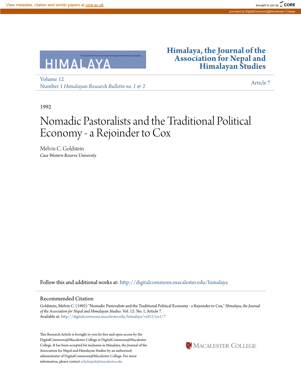 Nomadic Pastoralists and the Traditional Political Economy - a Rejoinder to Cox Melvin C