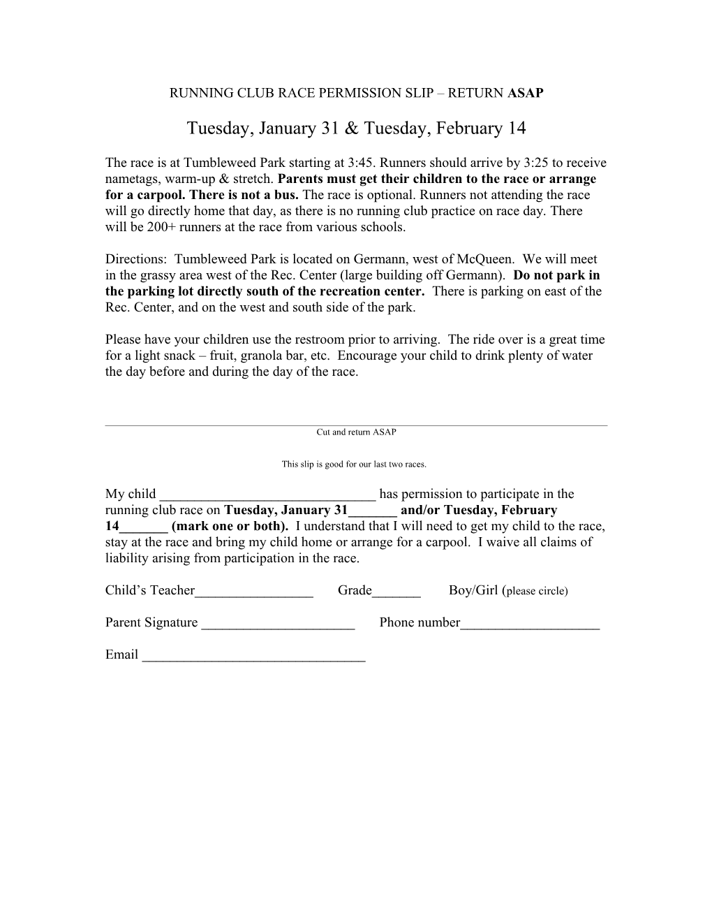 RUNNING CLUB RACE PERMISSION SLIP for THURSDAY JANUARY 13, 2010