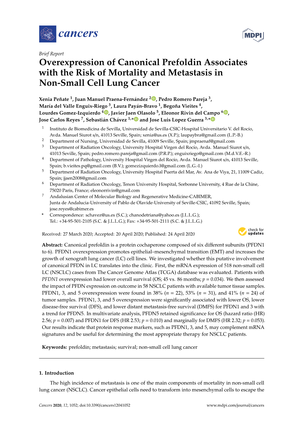 Overexpression of Canonical Prefoldin Associates with the Risk of Mortality and Metastasis in Non-Small Cell Lung Cancer