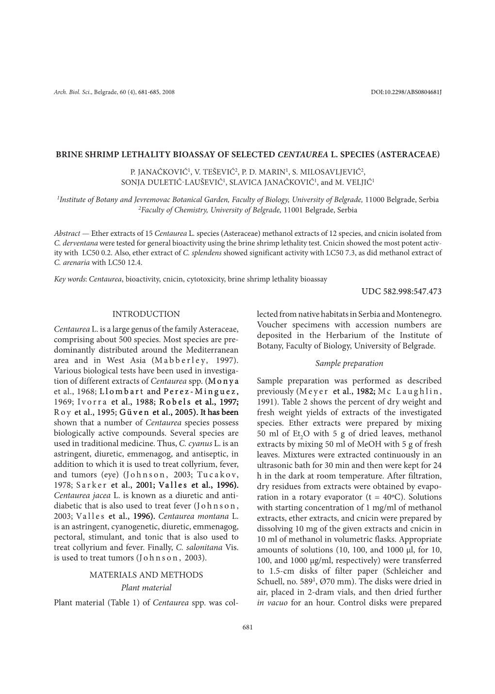 Brine Shrimp Lethality Bioassay of Selected Centaurea L. Species (Asteraceae)