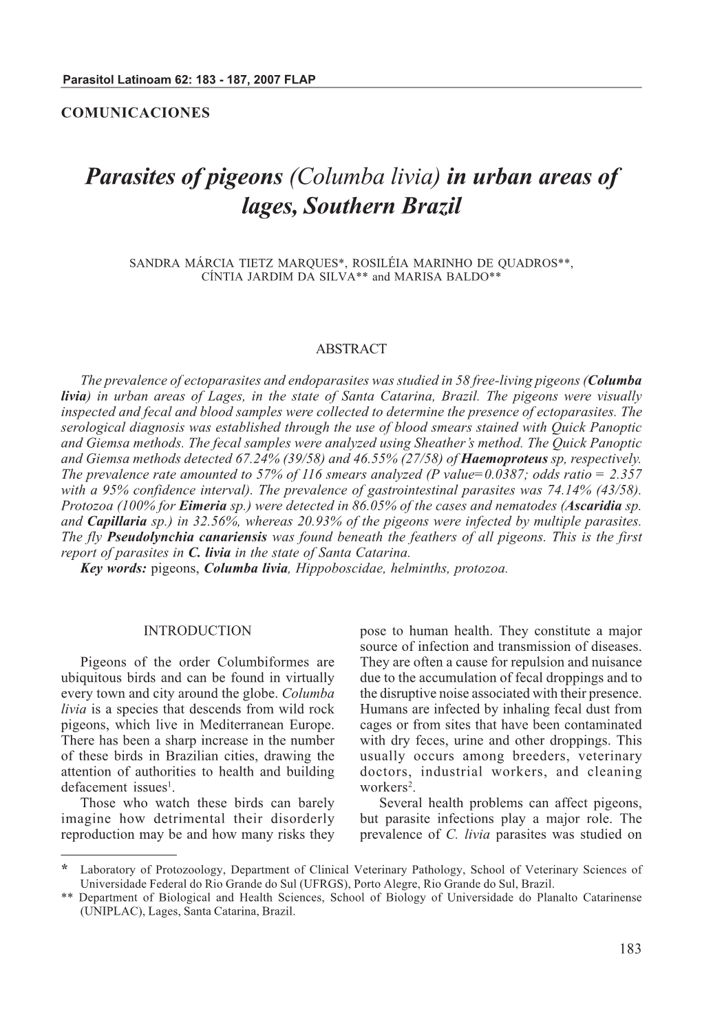 Parasites of Pigeons (Columba Livia) in Urban Areas of Lages, Southern Brazil