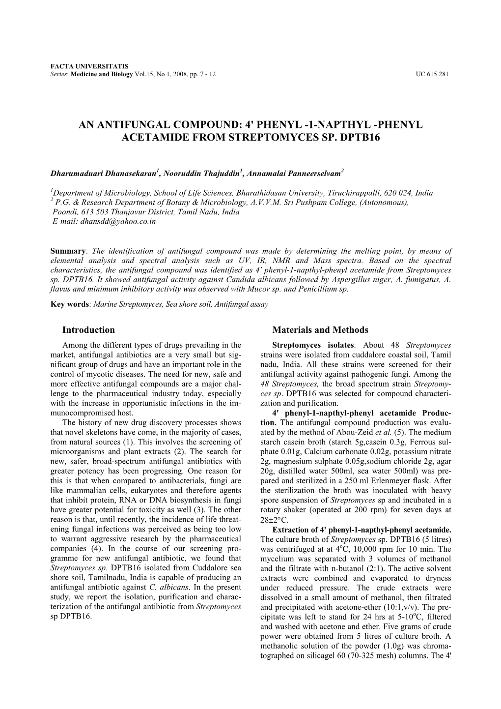 1-Napthyl -Phenyl Acetamide from Streptomyces Sp. Dptb16