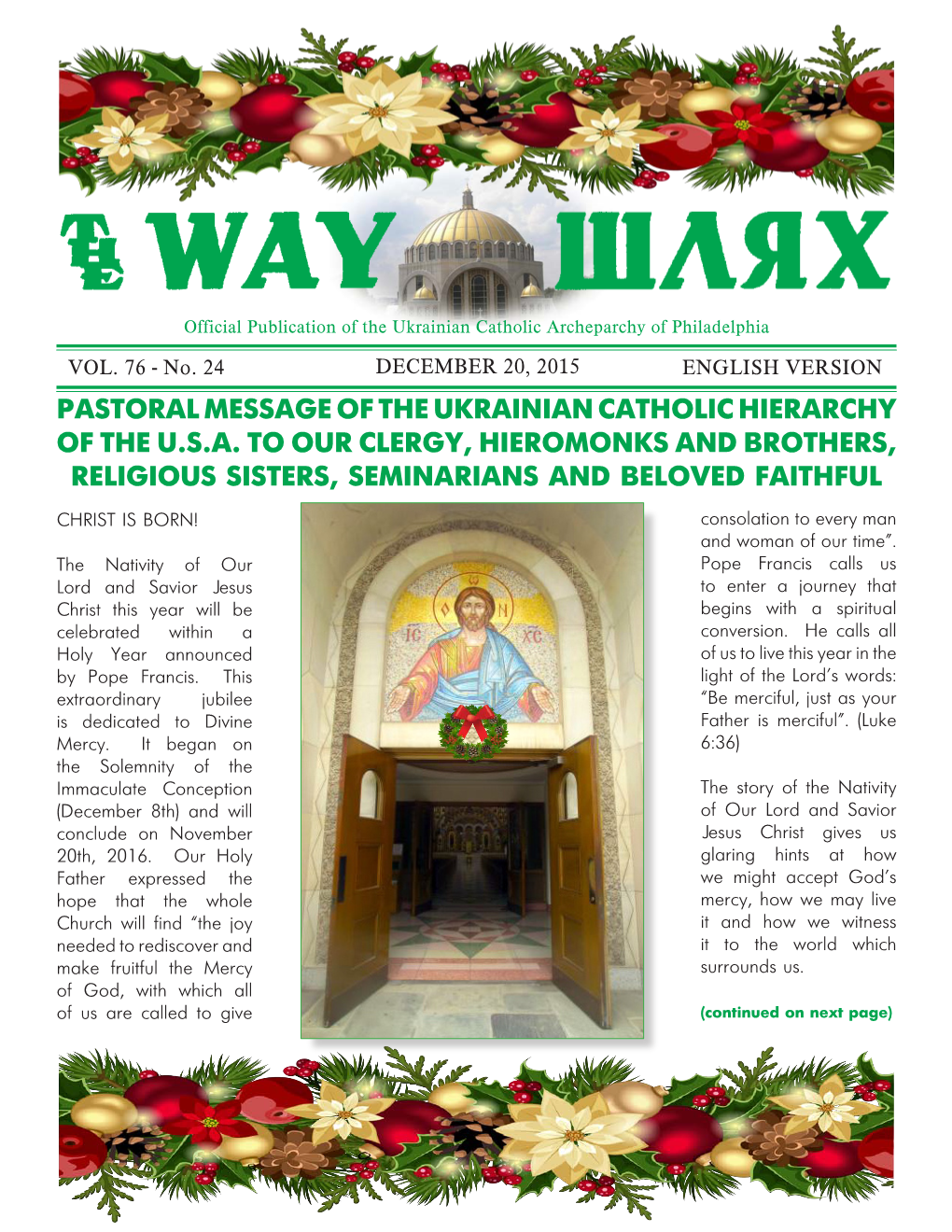 Pastoral Message of the Ukrainian Catholic Hierarchy of the U.S.A