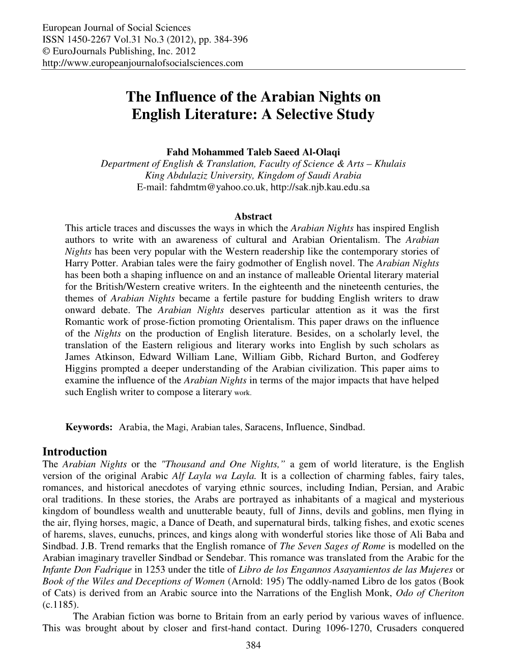 The Influence of the Arabian Nights on English Literature: a Selective Study
