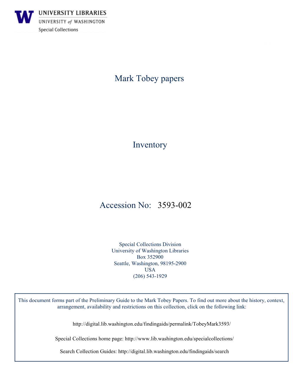 3593-002 Mark Tobey Papers Inventory Accession
