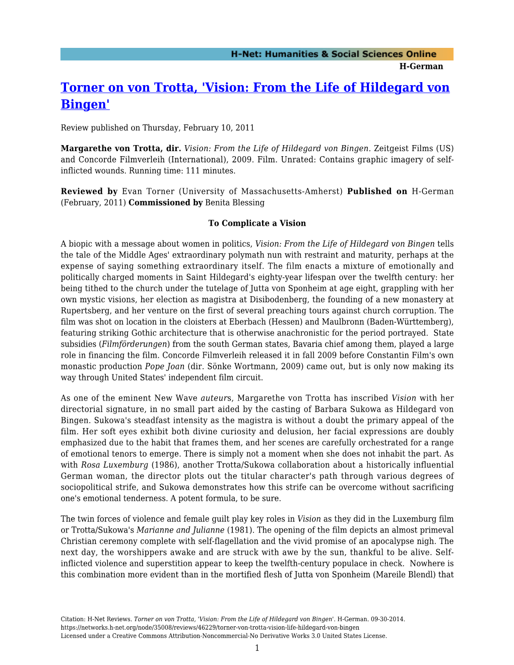 Torner on Von Trotta, 'Vision: from the Life of Hildegard Von Bingen'
