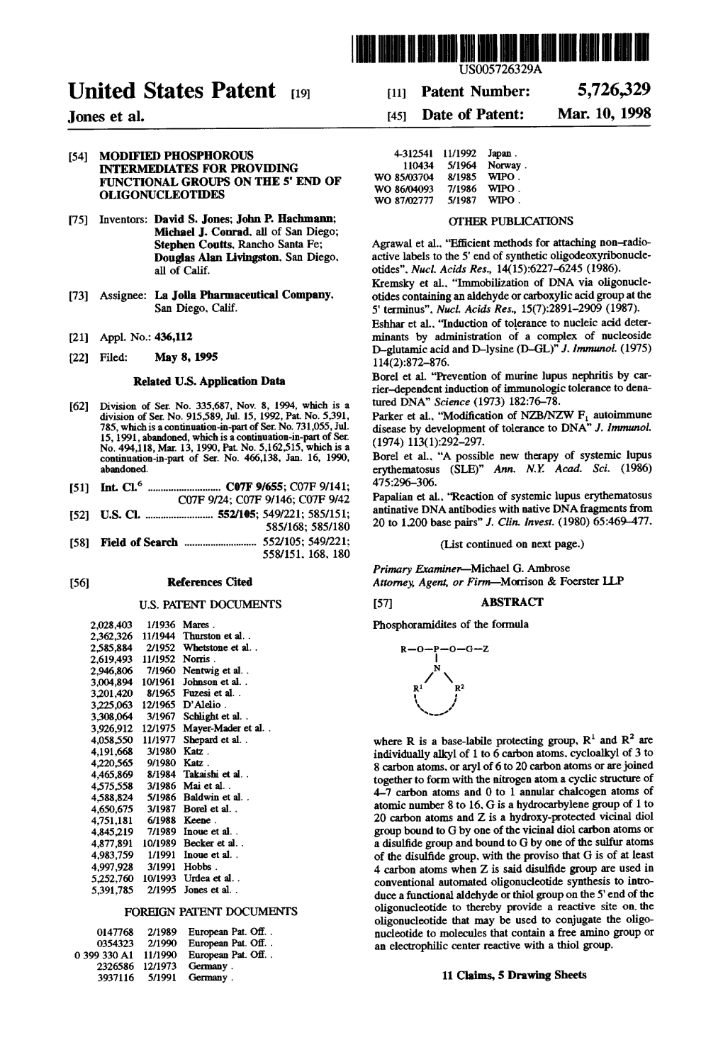 United States Patent 19 11 Patent Number: 5,726,329 Jones Et Al