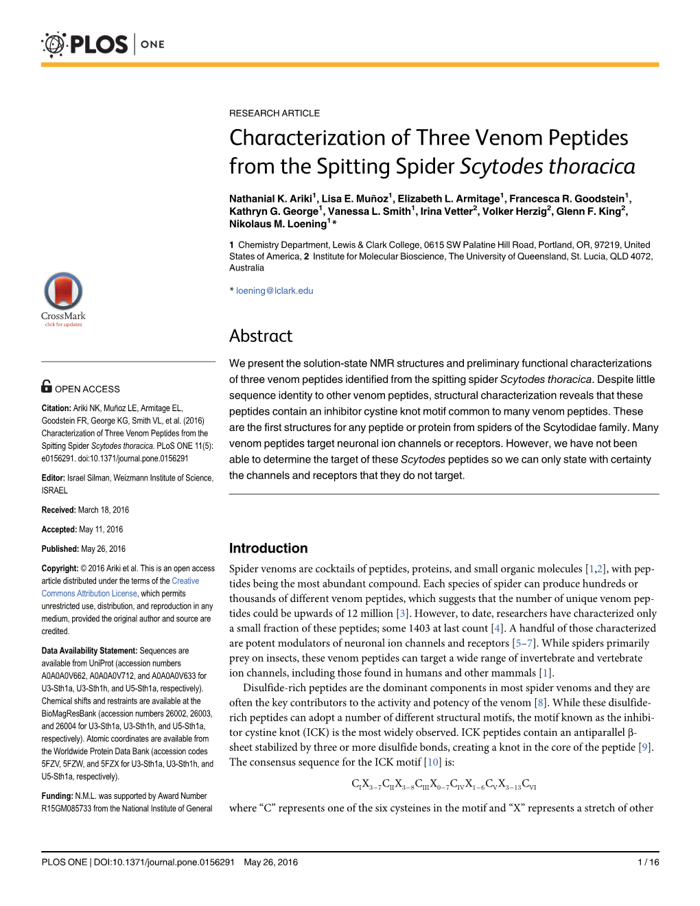 Characterization of Three Venom Peptides from the Spitting Spider Scytodes Thoracica