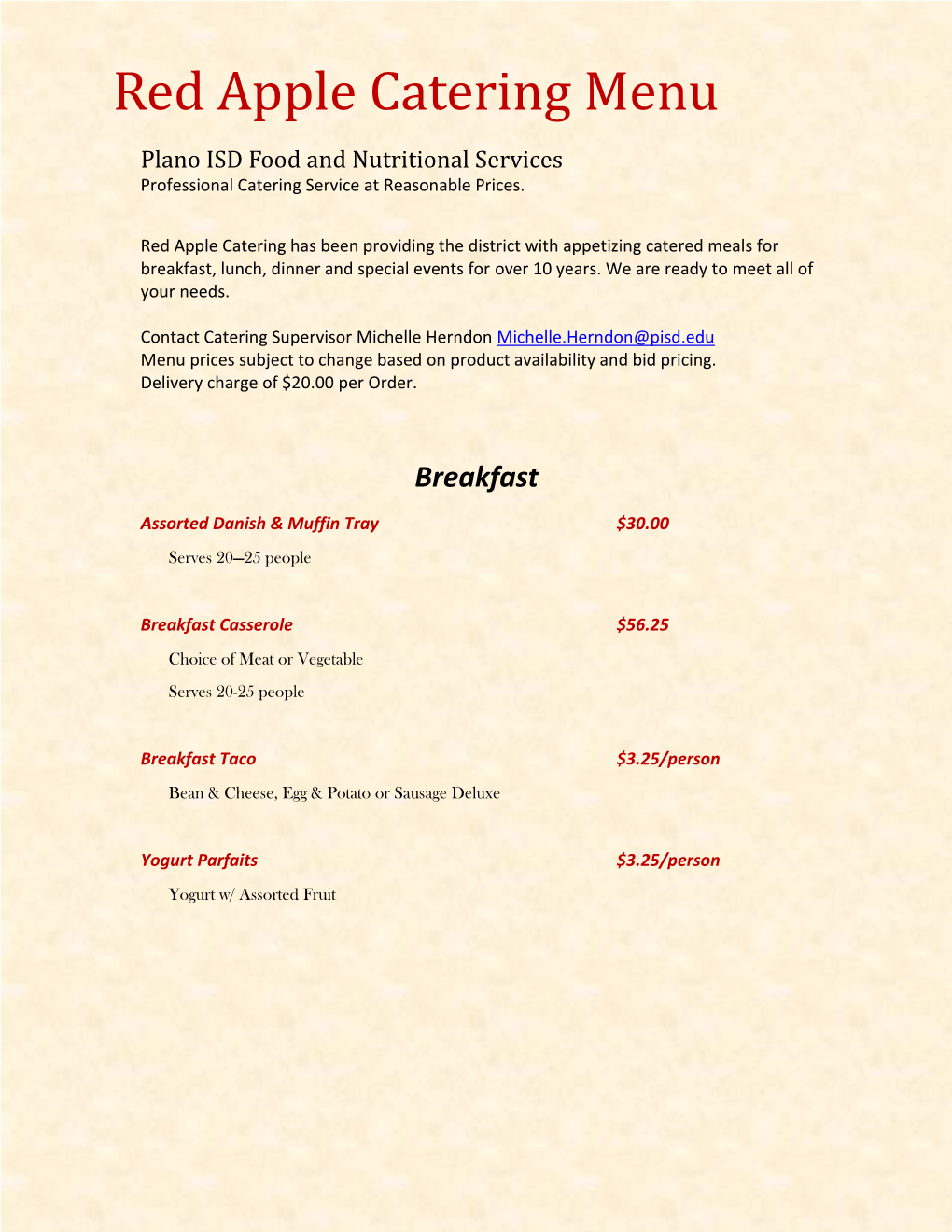 Red Apple Catering Menu Plano ISD Food and Nutritional Services Professional Catering Service at Reasonable Prices