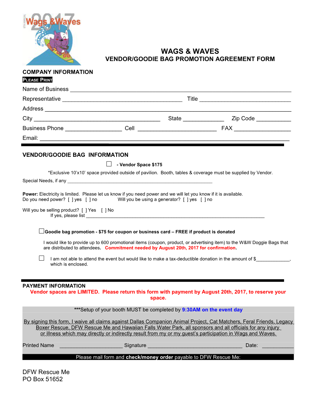 Vendor/Goodie Bag Promotion Agreement Form