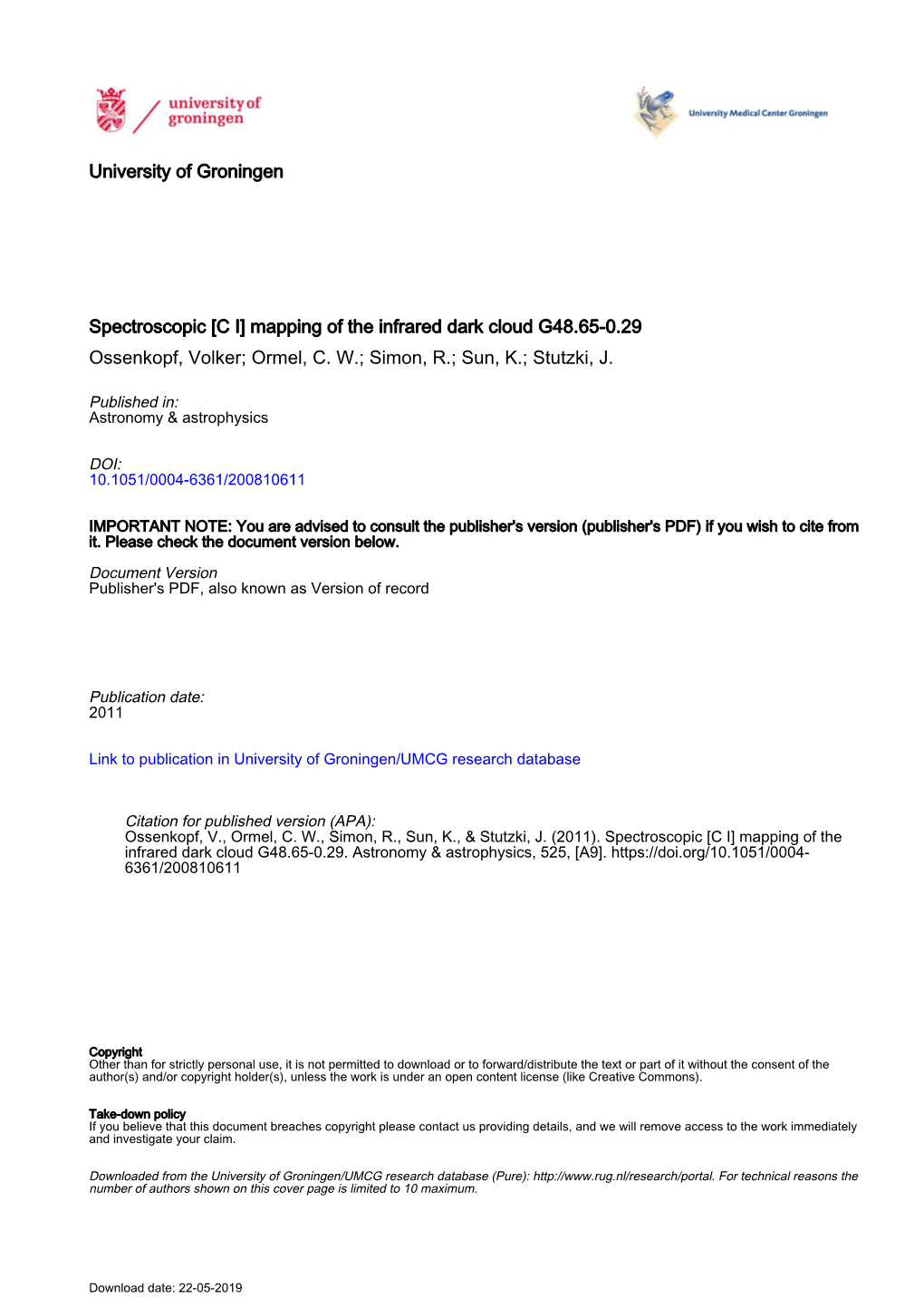 Spectroscopic [C I] Mapping of the Infrared Dark Cloud G48.65-0.29 Ossenkopf, Volker; Ormel, C