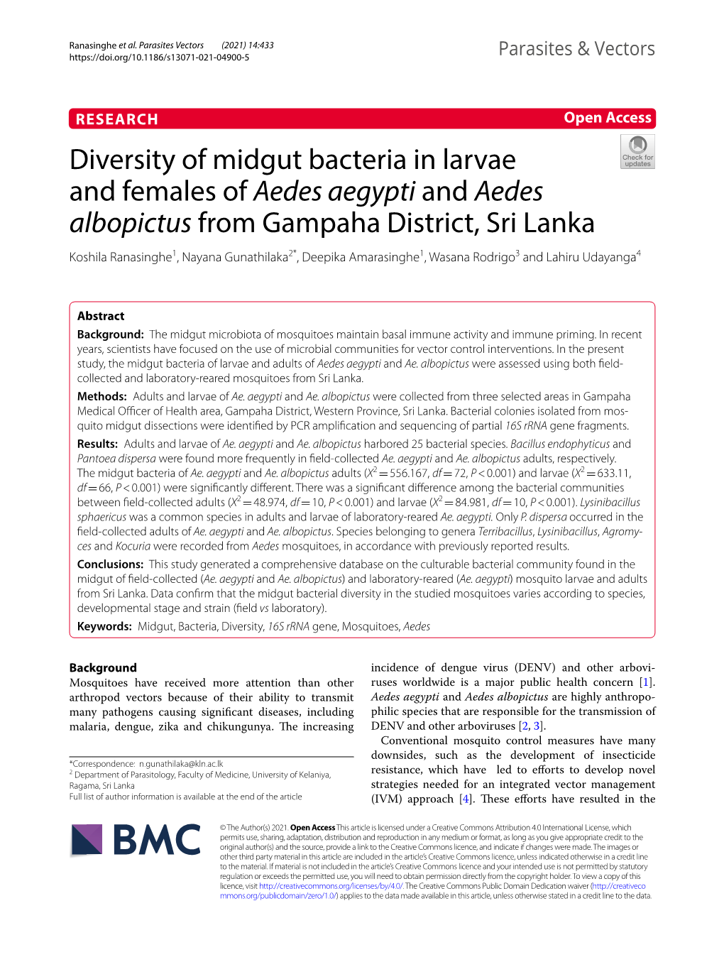 Diversity of Midgut Bacteria in Larvae and Females of Aedes Aegypti And