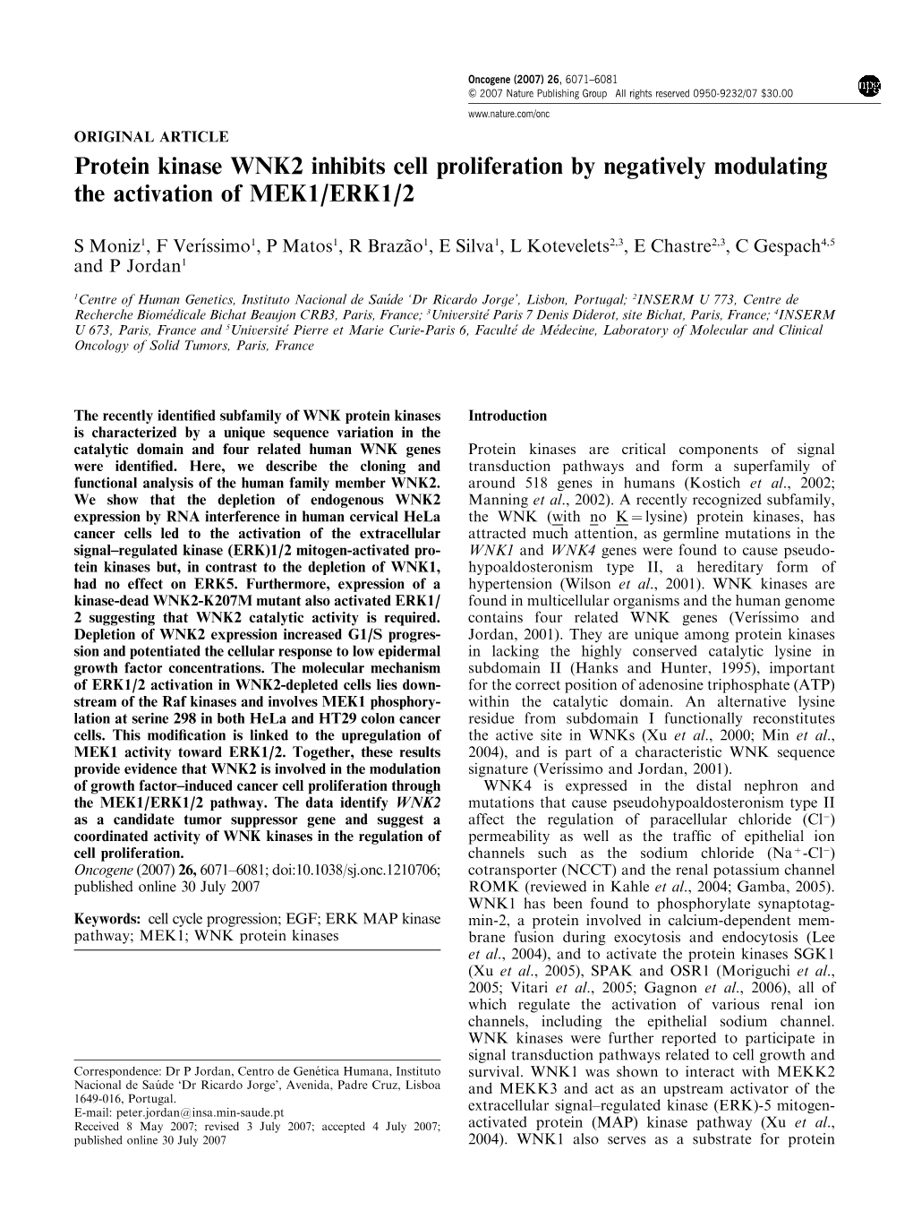 Protein Kinase WNK2 Inhibits Cell Proliferation by Negatively Modulating the Activation of MEK1/ERK1/2