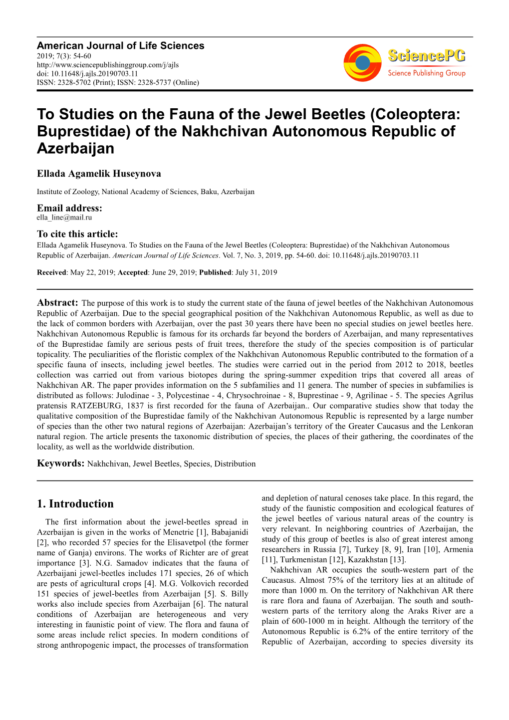 Coleoptera: Buprestidae) of the Nakhchivan Autonomous Republic of Azerbaijan