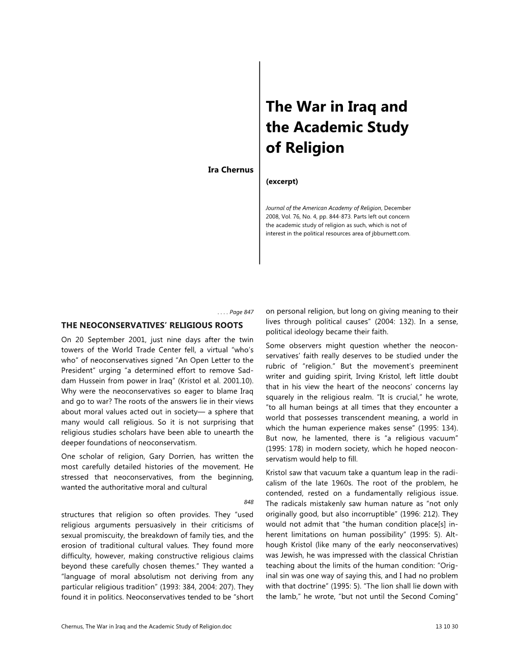 The War in Iraq and the Academic Study of Religion.Doc 13 10 30