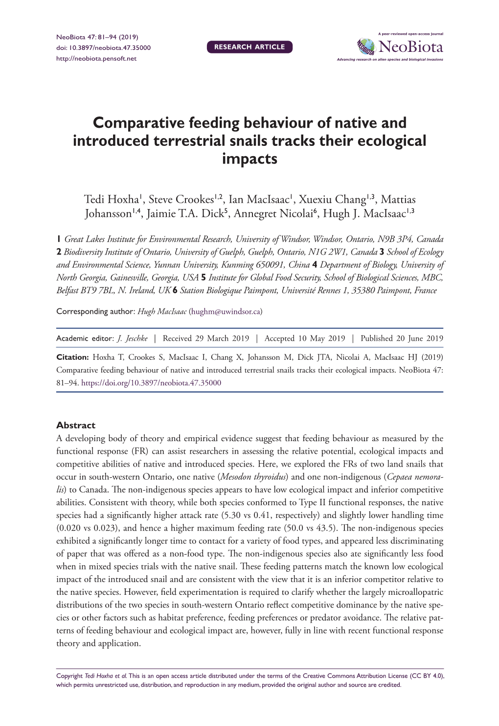 Comparative Feeding Behaviour of Native and Introduced Terrestrial Snails Tracks Their Ecological Impacts