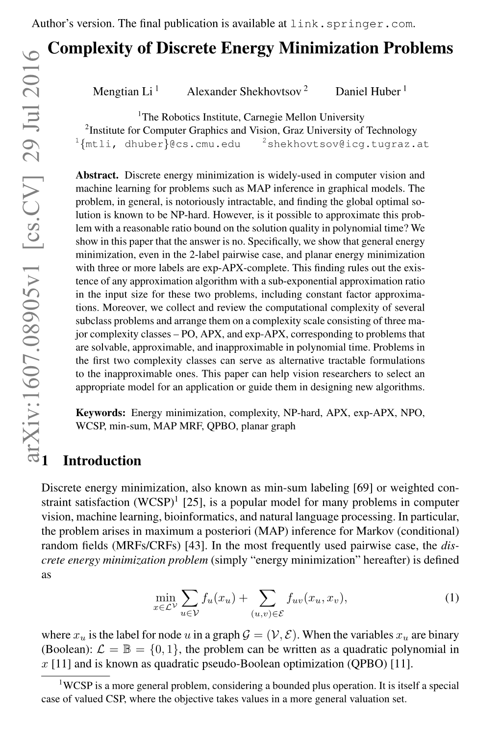 Complexity of Discrete Energy Minimization Problems