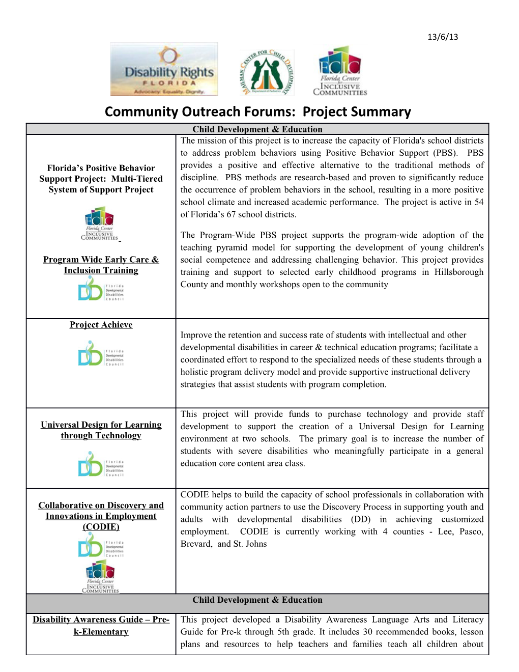 Community Outreach Forums: Project Summary