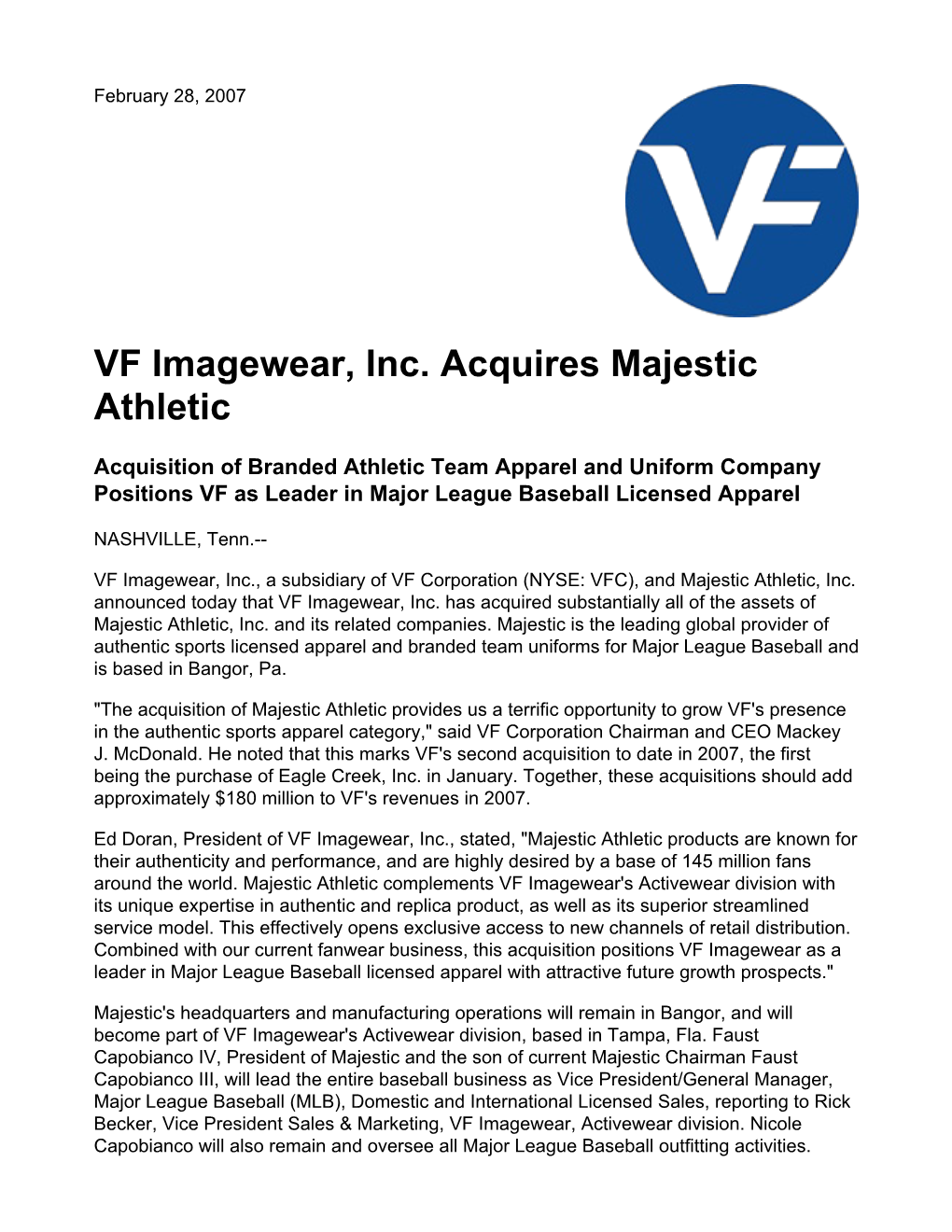 VF Imagewear, Inc. Acquires Majestic Athletic