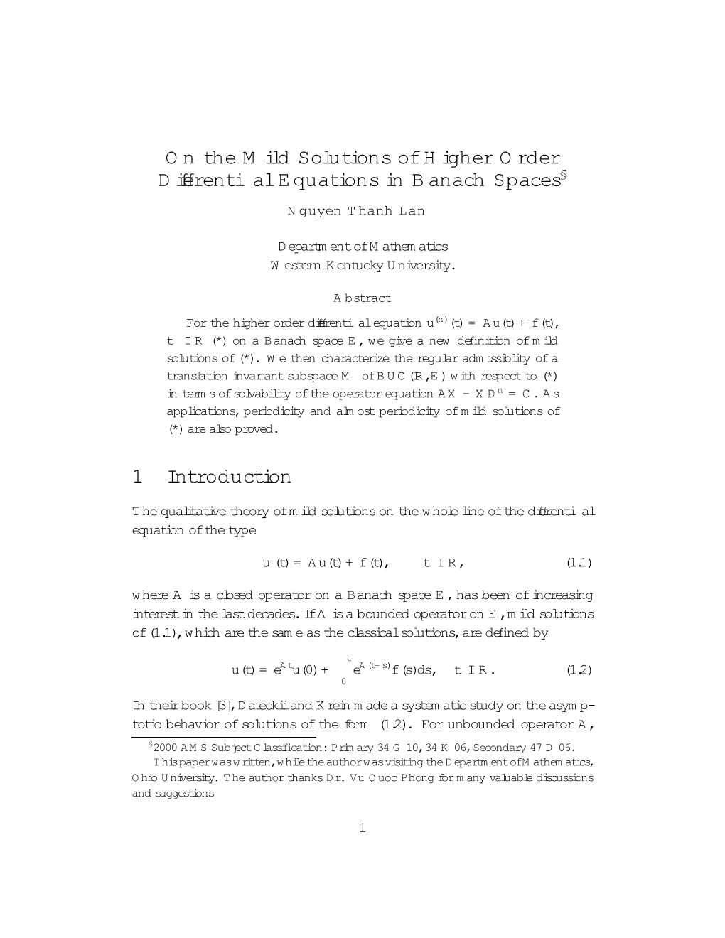 O N the M Ild Solutions Ofh Igher O Rder D Ifferenti Alequations in B Anach Spaces 1 Introduction