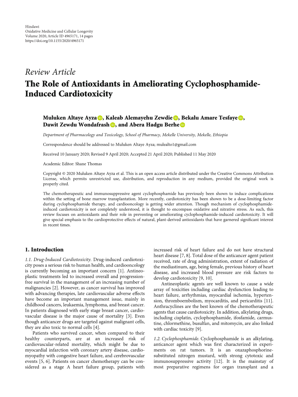 The Role of Antioxidants in Ameliorating Cyclophosphamide- Induced Cardiotoxicity