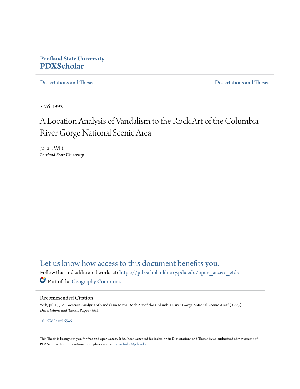 A Location Analysis of Vandalism to the Rock Art of the Columbia River Gorge National Scenic Area