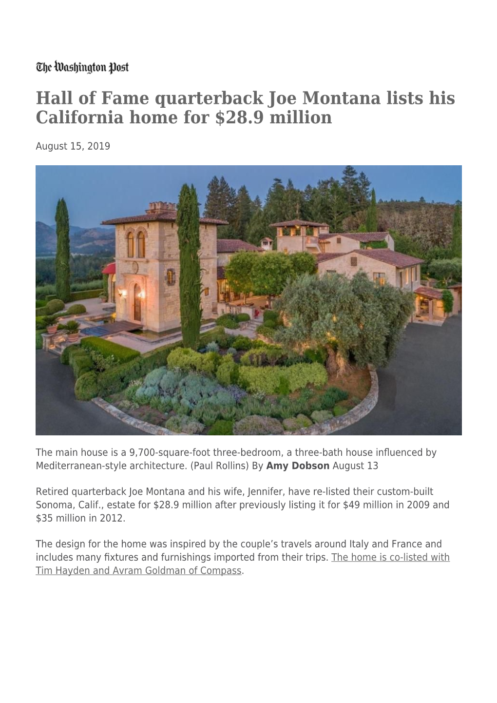 Hall of Fame Quarterback Joe Montana Lists His California Home for $28.9 Million