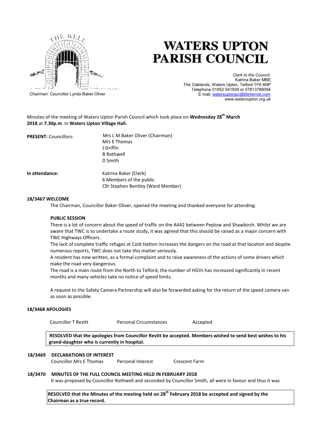 Minutes of the Meeting of Waters Upton Parish Council Which Took Place on Wednesday 28Th March 2018 at 7.30P.M