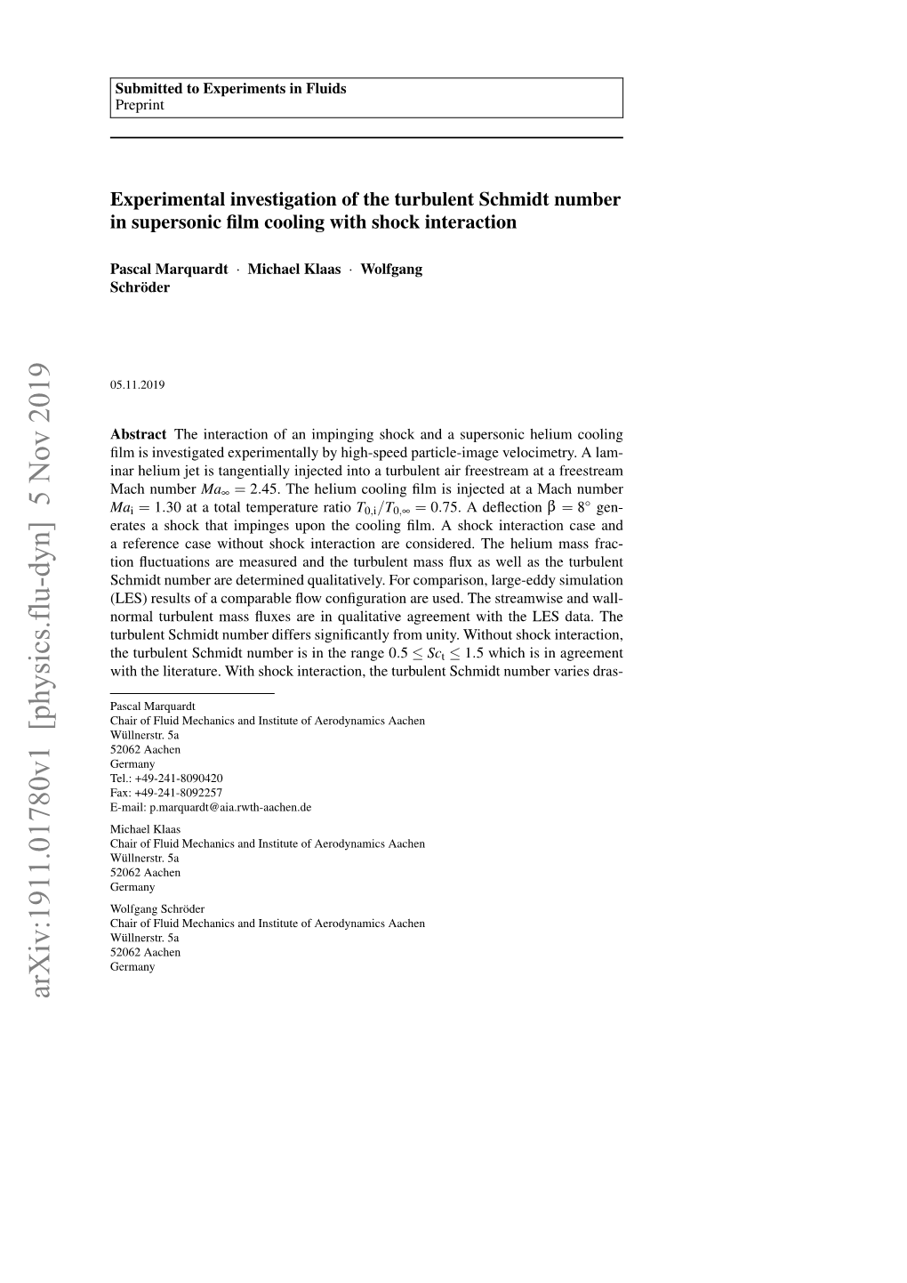 Arxiv:1911.01780V1 [Physics.Flu-Dyn] 5 Nov 2019 2 Pascal Marquardt Et Al