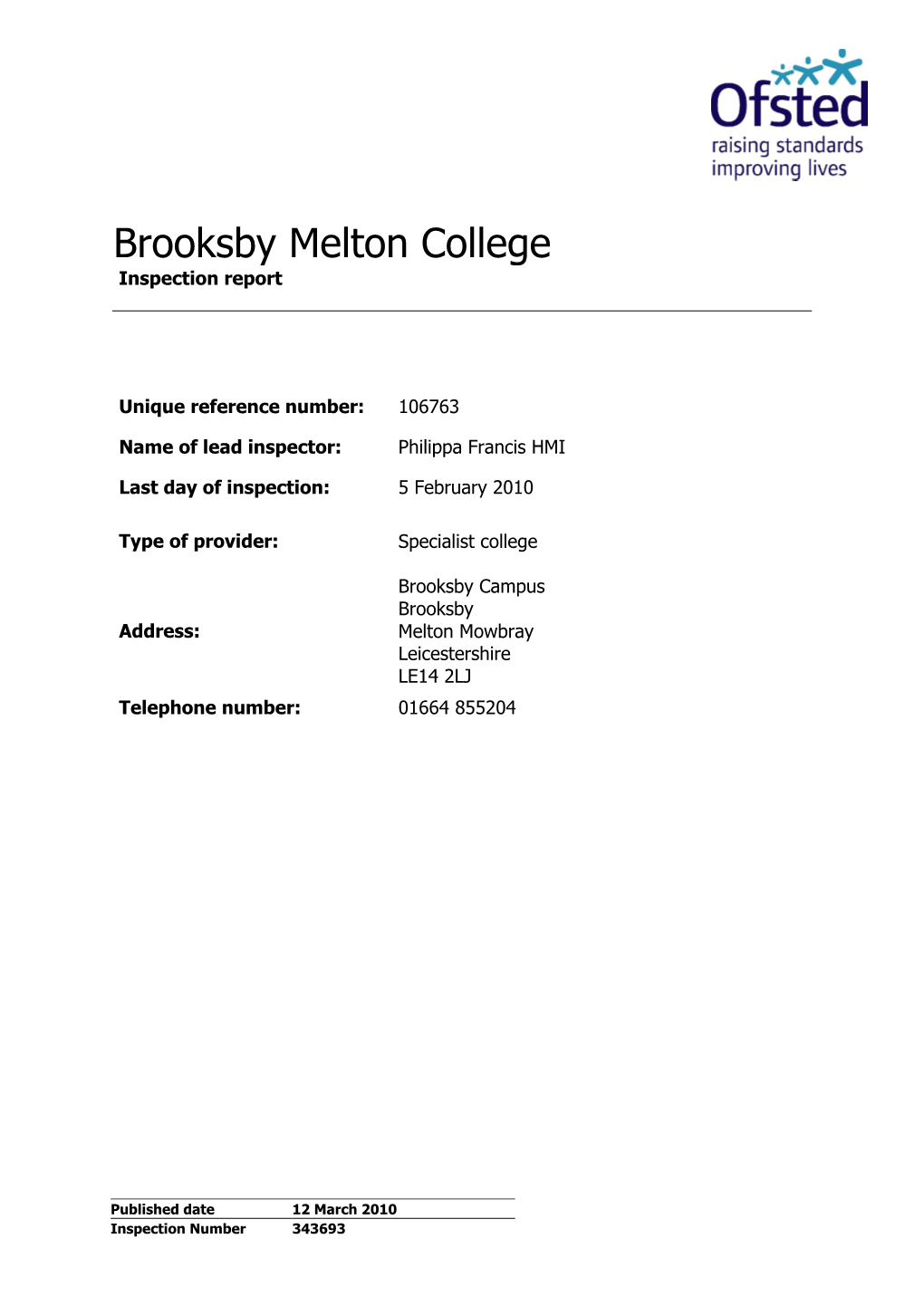 Brooksby Melton College Inspection Report