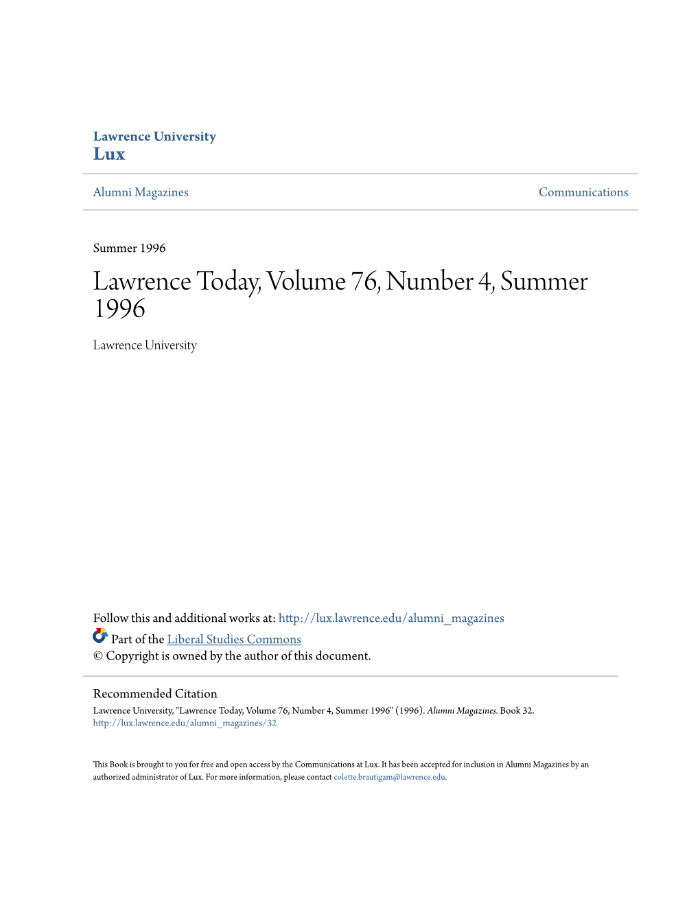 Lawrence Today, Volume 76, Number 4, Summer 1996 Lawrence University