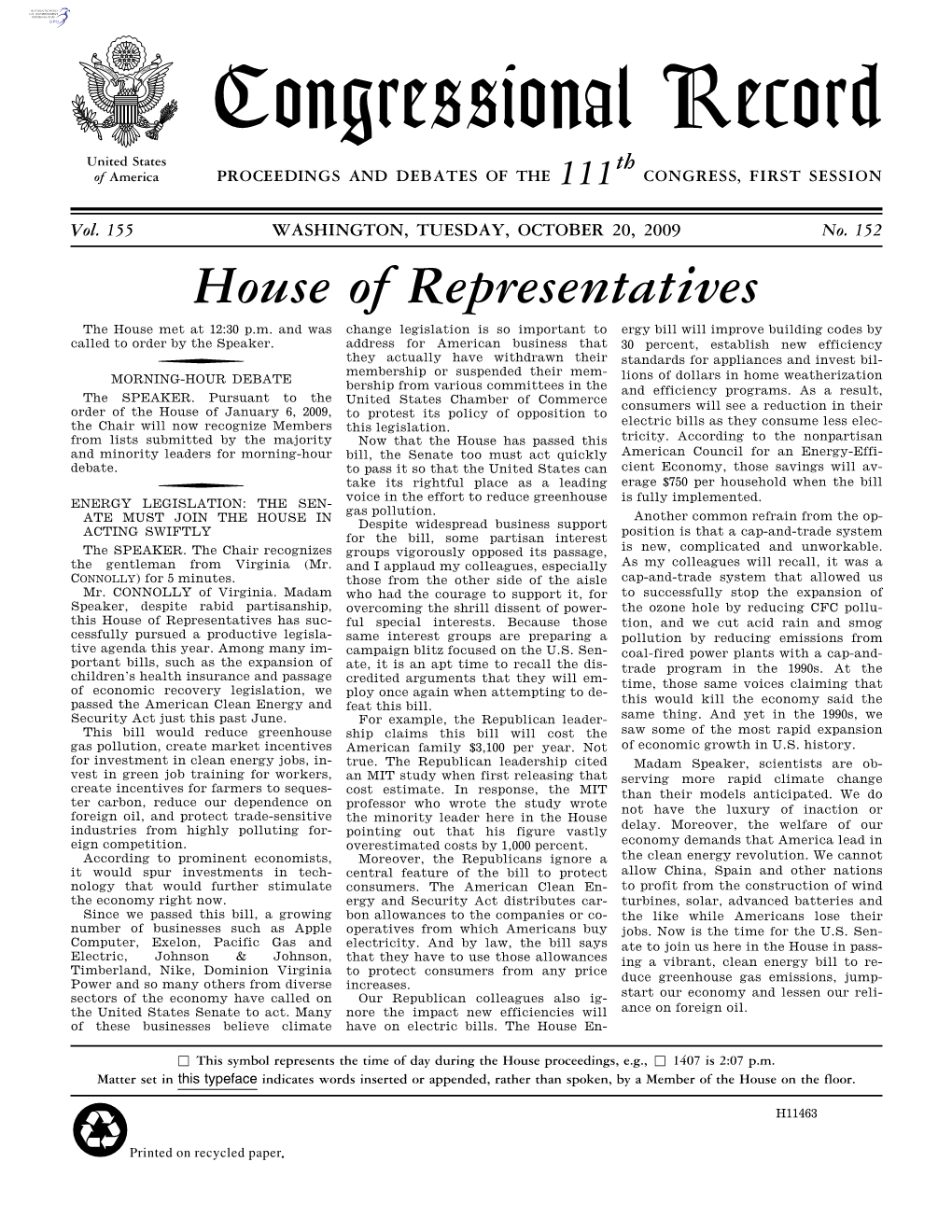 Congressional Record United States Th of America PROCEEDINGS and DEBATES of the 111 CONGRESS, FIRST SESSION